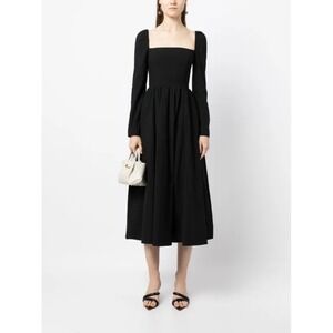 Reformation Elly Square Neck Midi Dress Black Long Sleeve Smocked Waist Size 6